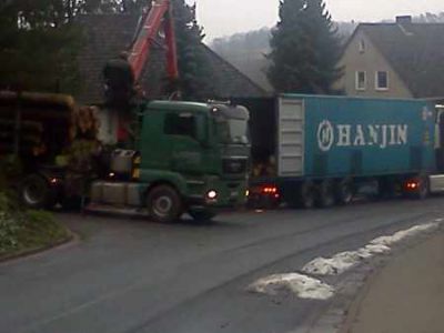 Rundholzverladung vom Langholzwagen in Container